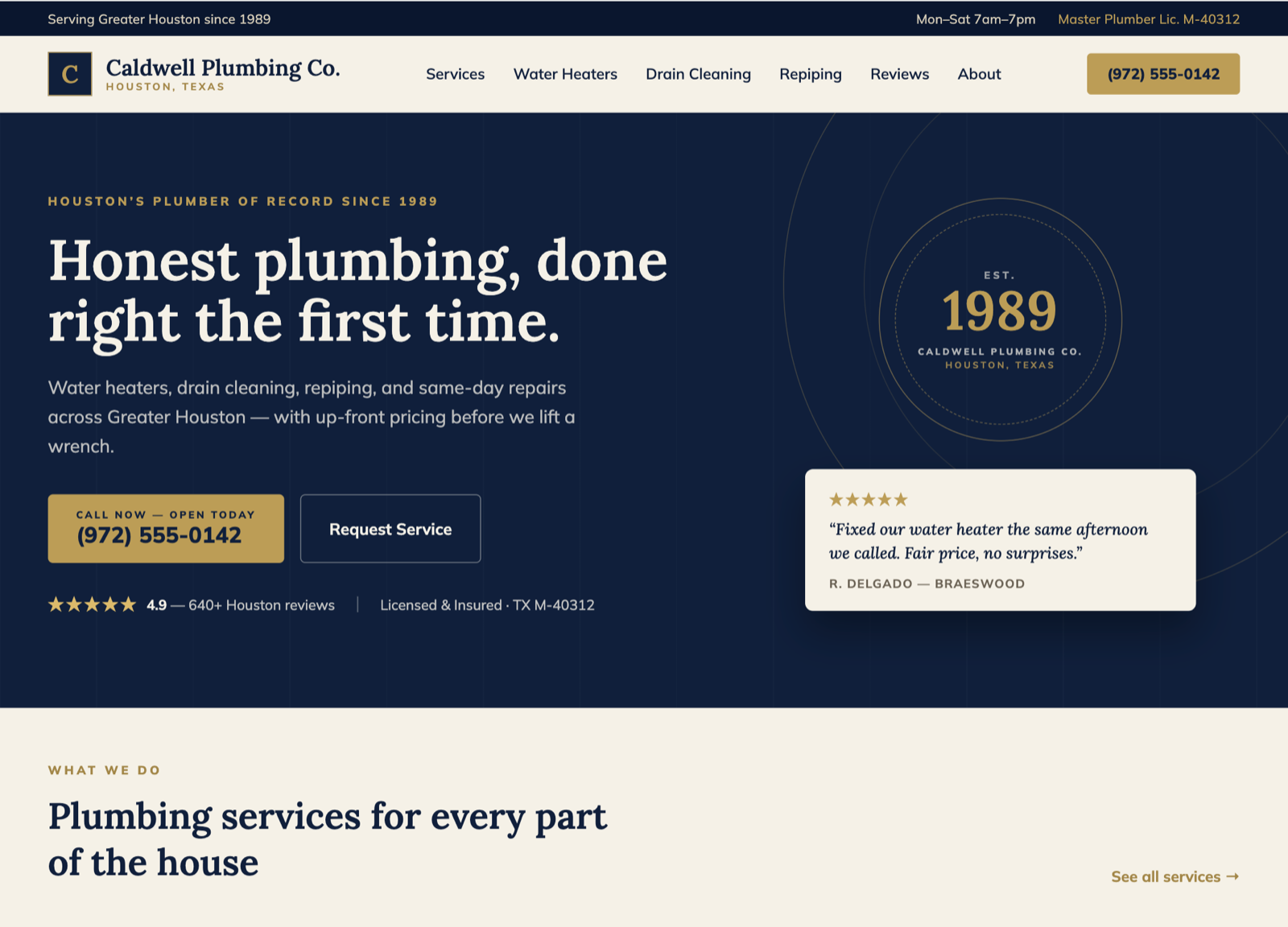 Sample plumbing website showing a professional homepage layout